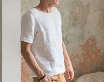 Linen Charm: Long Line White Linen Shirt with Short Sleeves, Summer linen clothing for men Crafted from Natural Linen Fabric