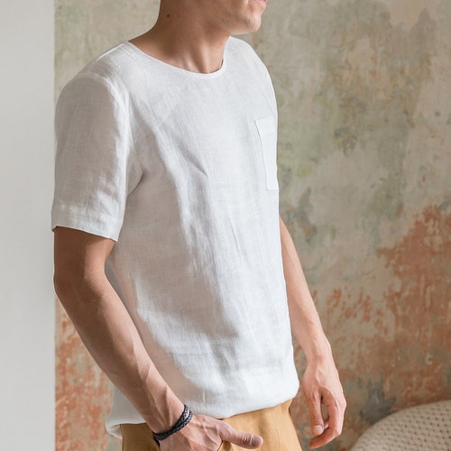 Mens Linen T-shirt Long Line Tee Short Sleeve Linen Top - Etsy