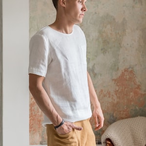 Linen Charm: Long Line White Linen Shirt with Short Sleeves, Summer linen clothing for men Crafted from Natural Linen Fabric