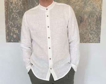 Classic Crisp : Chemise en lin blanc pour hommes - Chemise de style col bande, chemise en lin d’été à manches longues