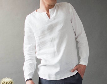 Linen Simplicity: White V-Neck Shirt for Men - Long Sleeve, Casual and Lightweight for Summer - Breathable and Comfortable