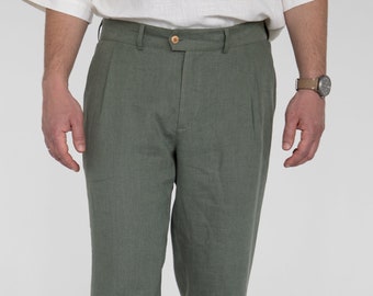 Capri-Leinenhose für Herren / Khaki-Leinenhose / kurze Hose für Herren / leichte Sommerhose / Strandhochzeiten-Stil / lässige Leinenhose