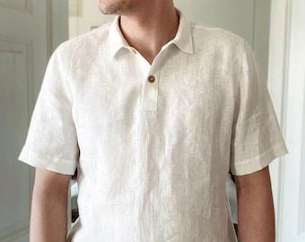 Le polo en lin : chemise de style polo blanche en lin pour homme pour une tenue décontractée, un look estival respirant - Manches courtes et style classique