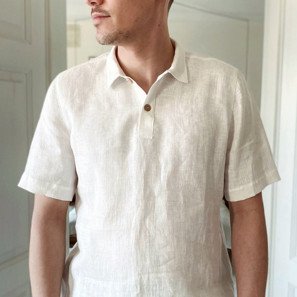 The Linen Polo: Camisa estilo polo de lino blanco para hombre para un uso casual, look veraniego transpirable, manga corta y estilo clásico
