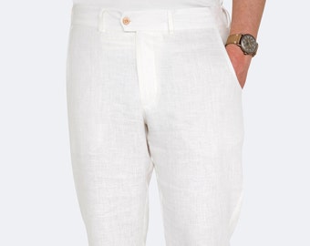 Classic Linen Trousers – White Summer Pants for Men, Smart Casual Chinos, Lightweight Linen Trousers