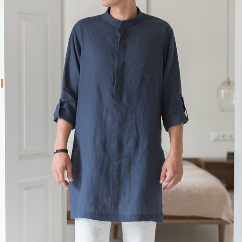 Mens linen tunic - Long linen shirt for men - Natural linen tunic - shops Mens dress tunic