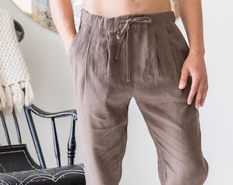 Linen Jogger Pants for Men - Casual Elastic Waist Summer Trousers - Comfortable Boho Style Linen Pants