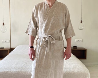 Linen Bathrobe: Long Linen Robe for Men, Kimono Design, Breathable linen robe | Keep Cool and Comfortable in the Summer Heat