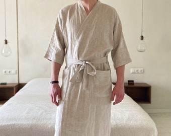 Linen Bathrobe – Lightweight Kimono Robe Unisex, Long Relaxed Fit Dressing Gown for Home & Spa