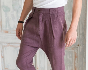 Effortless Style: Drop Crotch Pants, Cropped Linen Pants Men, Summer Casual Linen Pants for Men, Pleated Harem Pants Men