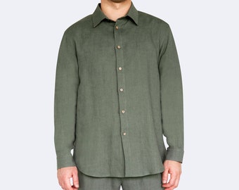 Linnen kustshirt – lange mouw met knopen, relaxte pasvorm, lichtgewicht zomershirt, natuurlijk linnen voor heren