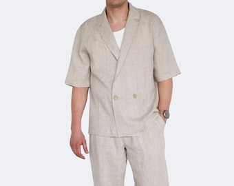 Linen Riviera Suit- Double Breast Shirt & Wide Leg Pants - Relaxed Fit Two Piece Outfit - Casual Linen Suit