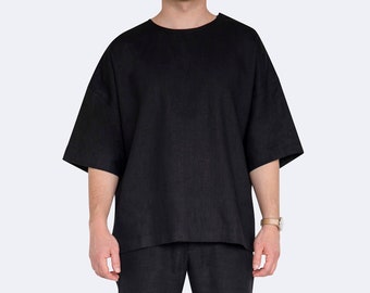Oversized Linen Shirt – Black Short Sleeve Tee for Men, Loose Fit, Lightweight Summer Top