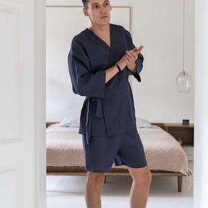 Set pigiama in lino – Pigiama dalla vestibilità comoda con kimono e pantaloncini in lino, abbigliamento estivo leggero