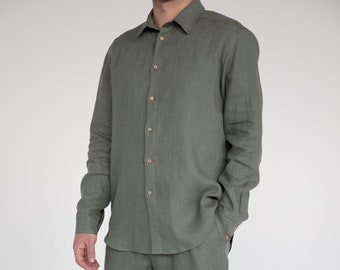 Chemise en lin homme en kaki / Chemise en lin coupe ample / Manches longues boutonnées / Chemises d'été en lin décontractées / Vêtements en lin pour homme. Naturel