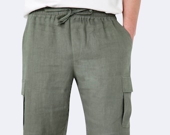 Khaki Linen Cargo Shorts Men - Relaxed Fit Drawstring Utility Shorts - Breathable Casual Summer Shorts