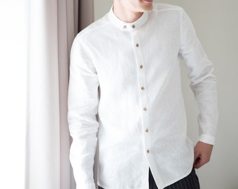 Suave style: Band Collar shirt, White Dress Shirt, Beach Wedding Attire for groomsmen, Linen Clothing for Men