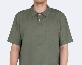 Camisa polo de linho – manga curta, carcela abotoada, camisa de verão de ajuste relaxado para homens, visual casual elegante
