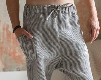 Drop Crotch Shorts for Men - Striped Natural Linen Elastic Waist Drawstring Shorts - Relaxed Fit Casual Summer Wear