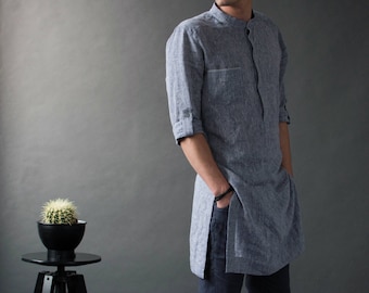The Linen Tunic Men: Men's Linen Tunic Dress Shirt - Long Sleeve, Natural Linen, Kaftan Style, Breathable linen fabric