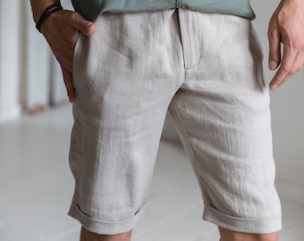 Classic Linen Shorts Men - Natural Lightweight Bermuda Shorts - Summer Casual Linen Wear, Breathable, Eco-Friendly
