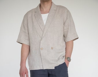 Veste chemise kimono en lin homme / Surchemise à manches courtes, style estival respirant / Cardigan en lin naturel, confort décontracté / vêtements en lin VADU