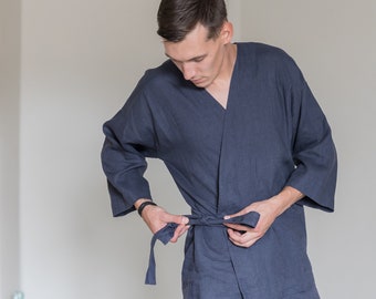 Linen Slumber: Breathable Linen Pajama Set with Pants and Robe - The Perfect Choice for Men's Sleep and Lounge Wear