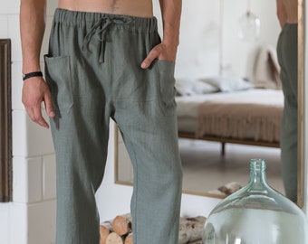 Culotte Linen Pants Men / Wide Leg Summer Linen Pants for Men / Cropped Elastic Waist Flowy Pants / Loose Fit Casual Pants / VADU Linen