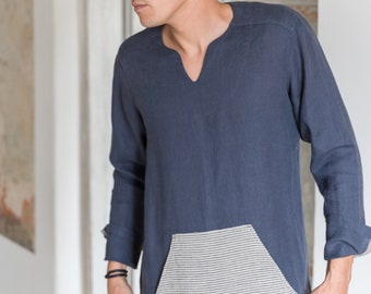 Linen Explorer: The Ultimate Men's Linen Lounge Top, Long Sleeve Linen Shirt with Pocket, Perfect for Summer outfit