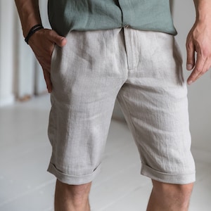 Classic Linen Shorts Men - Natural Lightweight Bermuda Shorts - Summer Casual Linen Wear, Breathable, Eco-Friendly