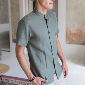 Easeful Elegance: White Linen Short Sleeve Shirt for Men - Perfect for Summer with Band Collar and Breathable linen