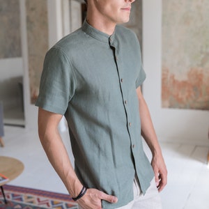 Linen Shirt Men - Short Sleeve, Breathable Summer Button Down Shirt - Casual Khaki Linen Top