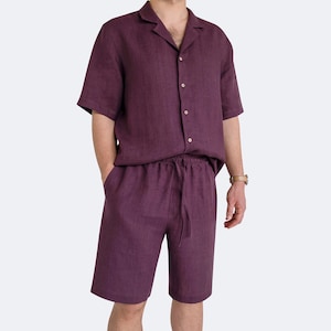 Conjunto de lino de verano para hombre - Conjunto informal de dos piezas - Camisa de manga corta y pantalones cortos - Ropa de lino transpirable - Conjunto de vacaciones para hombre