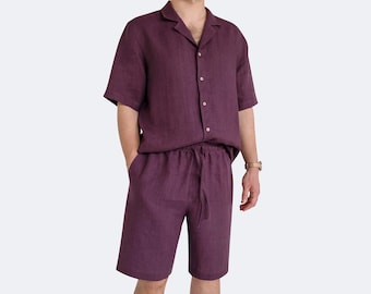Summer Linen Set Men - Casual Two Piece Outfit - Short Sleeve Shirt and Shorts - Breathable Linen Clothing - Vacation Outfit for Men