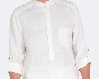 Leinen Tunika Shirt - Langarm leichtes Shirt, Roll-Up Ärmel, lässige Sommerkleidung für Männer