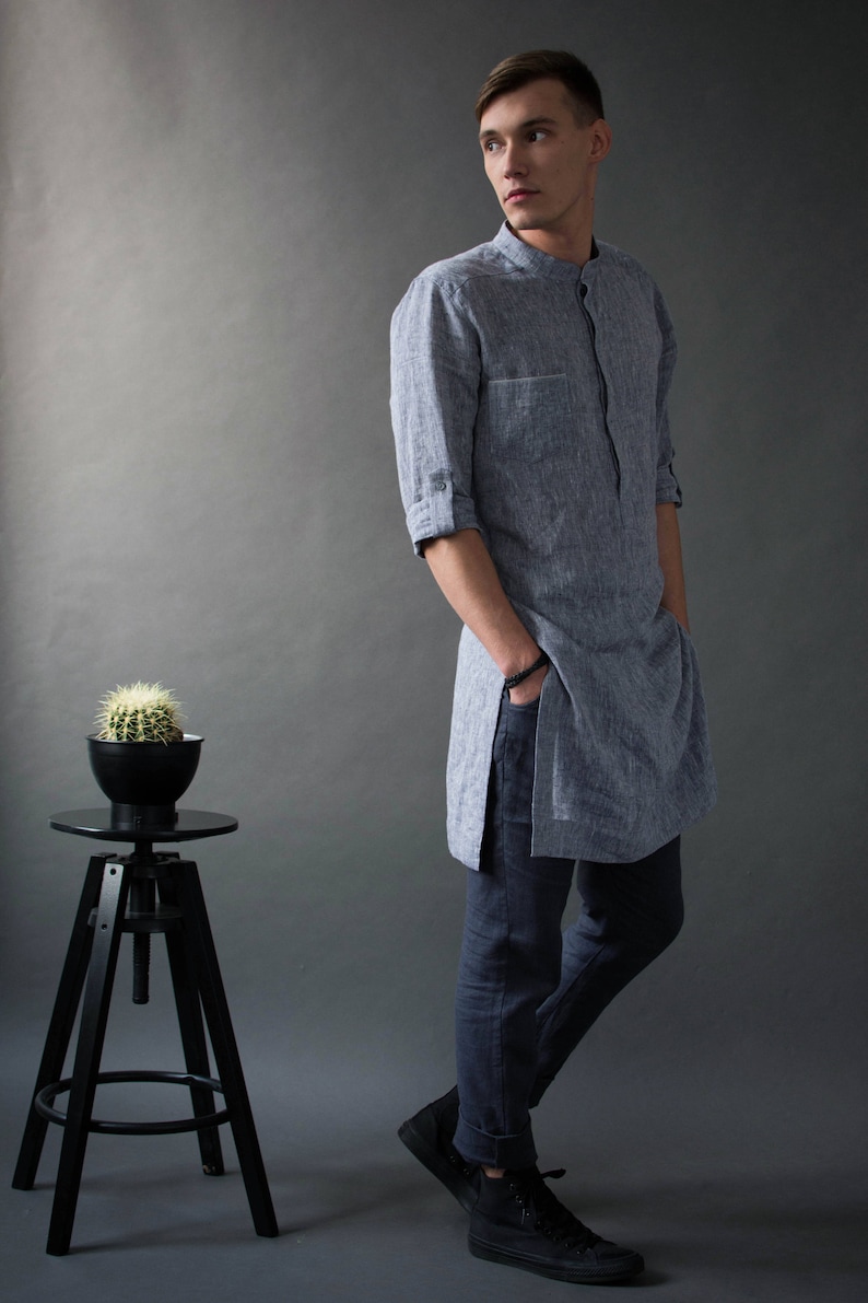 The Linen Tunic Men: Men's Linen Tunic Dress Shirt - Long Sleeve, Natural Linen, Kaftan Style, Breathable linen fabric