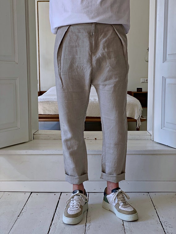 Mens cropped store linen trousers