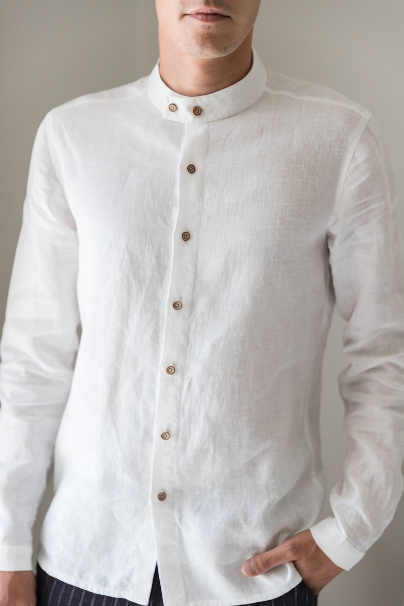 Mens Linen Shirt Band Collar Shirt White Linen Dress Shirt - Etsy UK