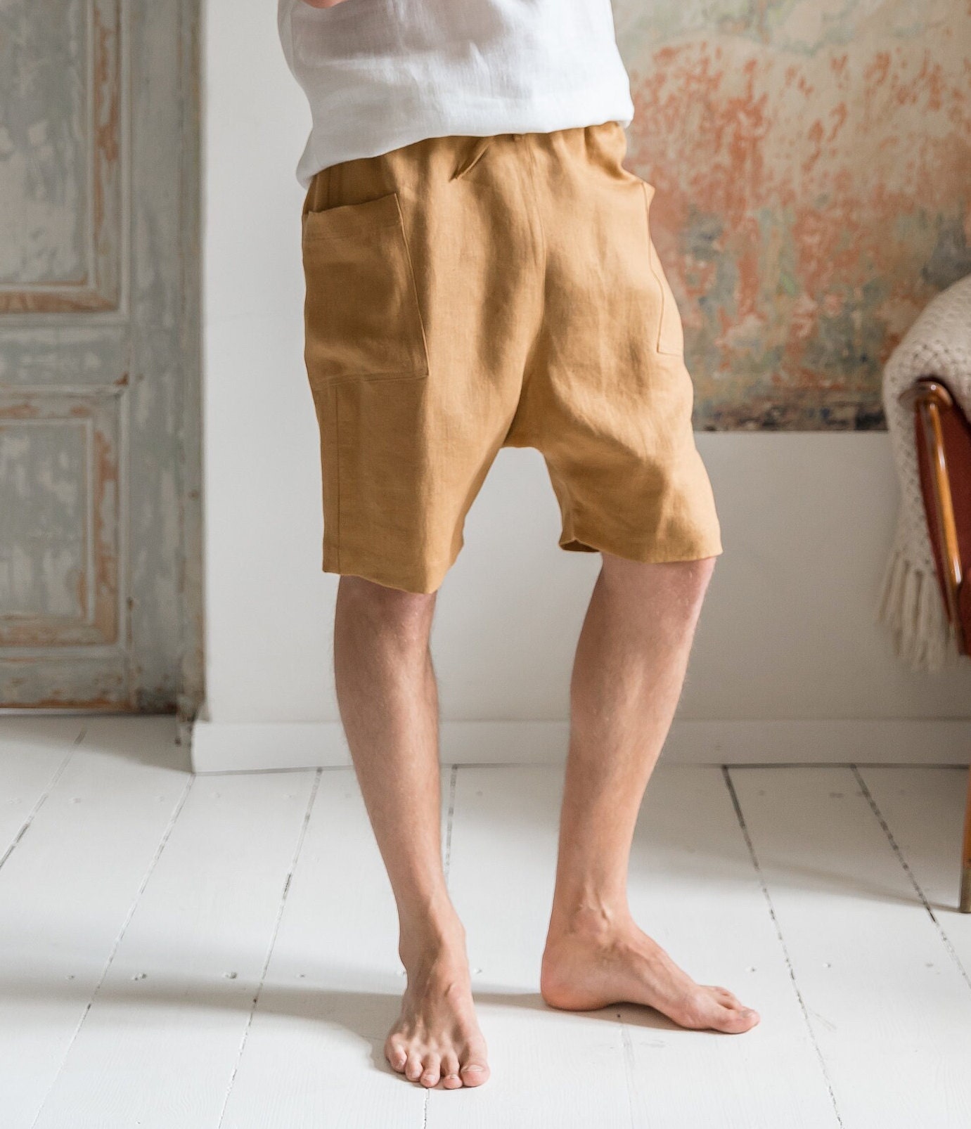 Drop Crotch Shorts for Men - Casual Elastic Waist Drawstring Linen