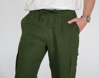 Pantalon cargo en lin Homme / Léger style estival, Prêt pour le voyage / Taille élastique, Cordon de serrage / Confort décontracté / Pantalon en lin VADU