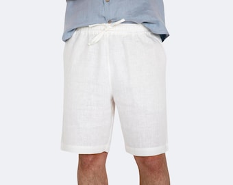 White Linen Shorts for Men - Relaxed Fit Summer Linen Shorts - Lightweight Drawstring and Elastic Waist Casual Shorts