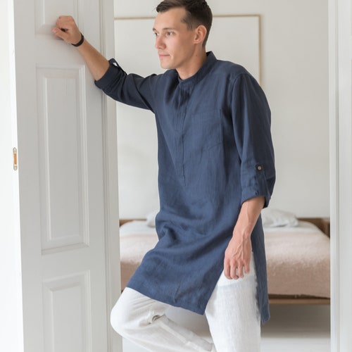 Mens linen tunic - Long linen shirt for men - Natural linen tunic - shops Mens dress tunic