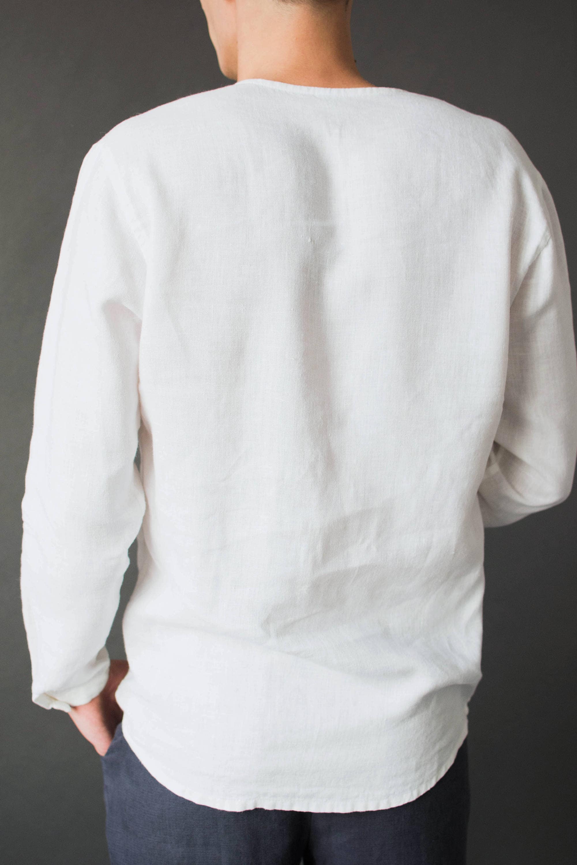 Men's Linen Open V-Neck Long Sleeve Tunic Shirt - White
