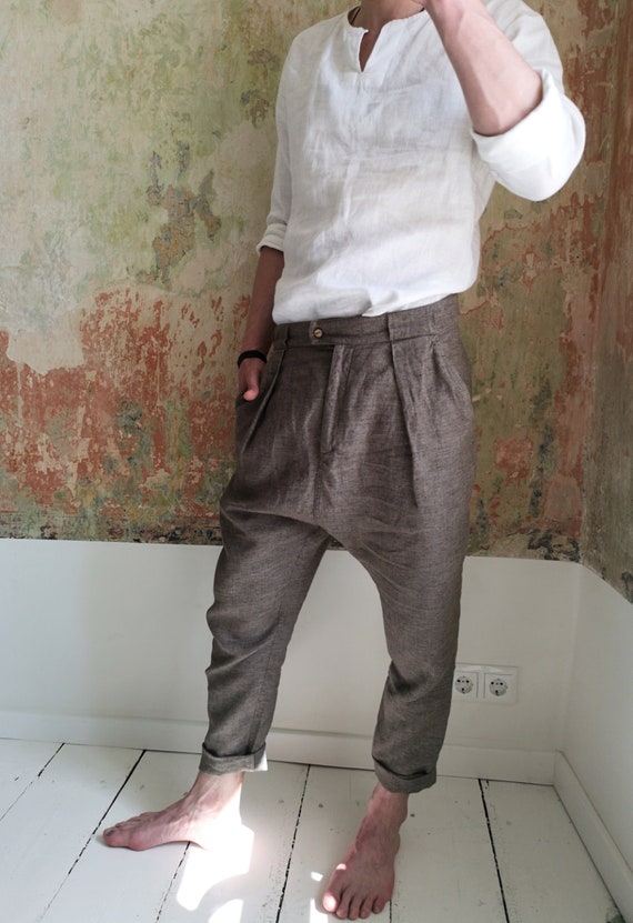 Mens Linen Pants Drop Crotch Pants 