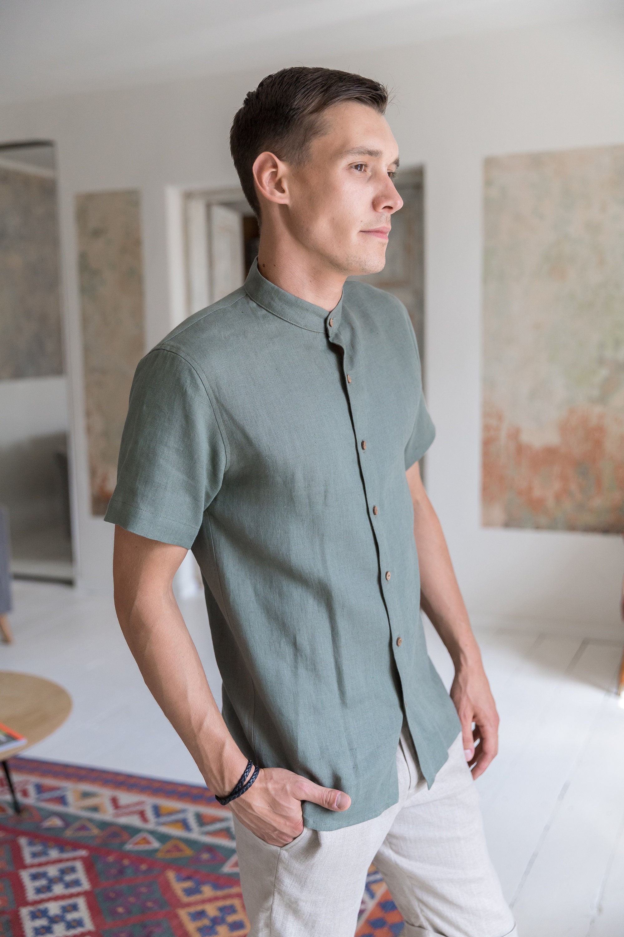 The Linen Tunic Men: Men's Linen Tunic Dress Shirt Long Sleeve