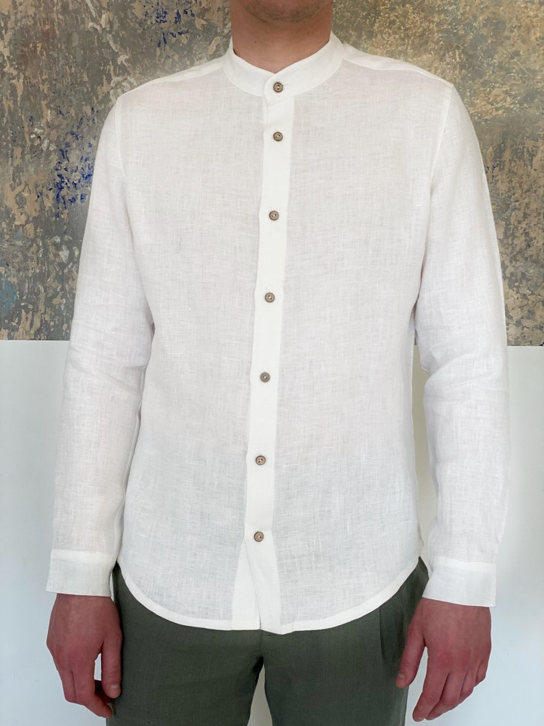 Classic Crisp White Linen Shirt for Men Band Collar Style Etsy