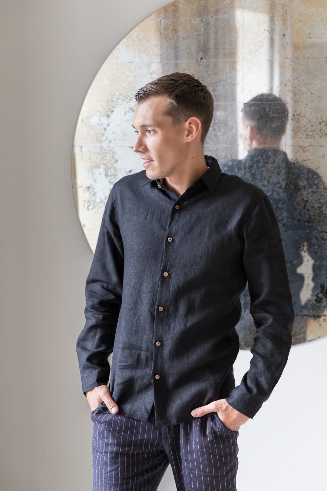 black linen dress shirt Long Sleeve Linen Shirt in Black