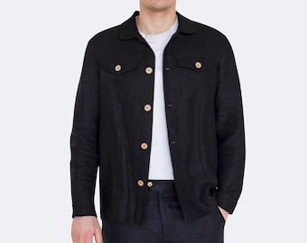 The Linen Overshirt – Heavyweight Linen Shirt Jacket for Men, Relaxed Fit Black Shacket for Smart Casual Style