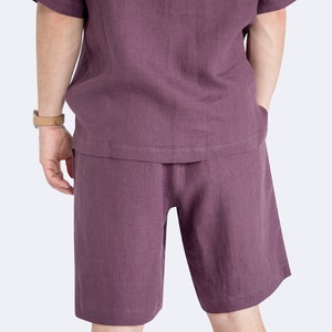 Back view of mens eggplant color linen shirt and shorts set