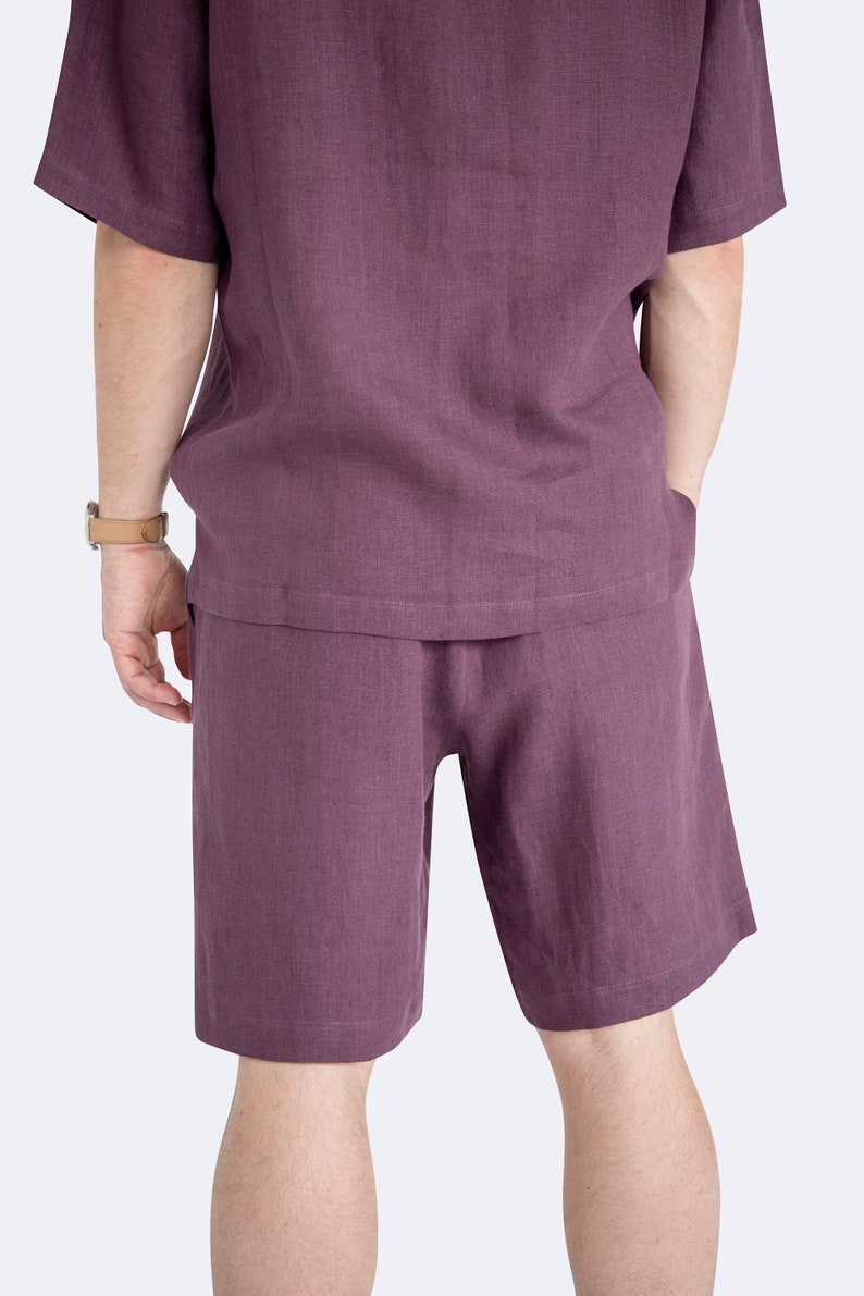 Back view of mens eggplant color linen shirt and shorts set
